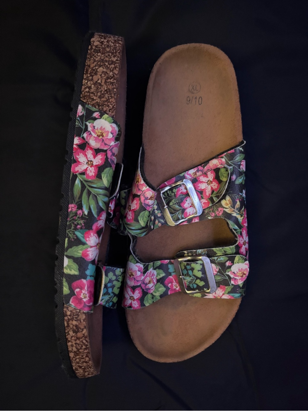 Time and Tru Floral Double-Buckle Slide Sandals - Pink & Green